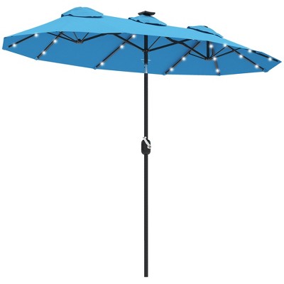 Double-sided Patio Umbrella, 9.7' Outdoor Umbrella with Tilt and Crank, LED Solar Light and 12 Ribs