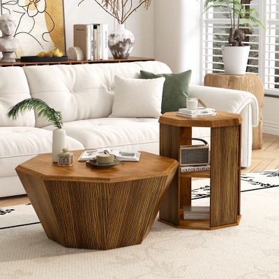 CENGHU 31.5" Modern Octagona Coffee Table, Natural Rubber Wood Tea Table, Side Table for Living Room, Dining  Room, Bedroom, Set of 2 Pieces