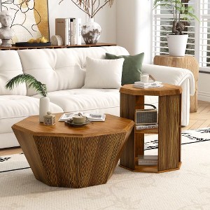 CENGHU 31.5" Modern Octagona Coffee Table, Natural Rubber Wood Tea Table, Side Table for Living Room, Dining  Room, Bedroom, Set of 2 Pieces - 1 of 4