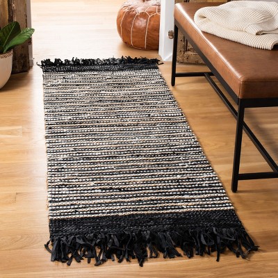 Handmade Black and Multi Leather Stripe Area Rug