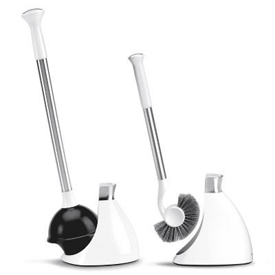 White Steel Toilet Plunger and Brush Set with Magnetic Caddy
