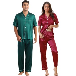 INSPIRE CHIC Couples Satin Pajamas Sets Button Down Short Sleeve Soft 2 Pack Sleepwear - 1 of 4