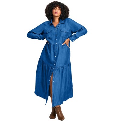 Avenue Women's Plus Size Denim Tiered Shirtdress