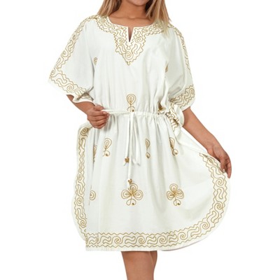LA LEELA Women's House Daily Routine Evening Wear Loungewear Solid Casual Relaxed Caftan Knee Length Cover Up Dresses for Women 2X-3X White, Solid