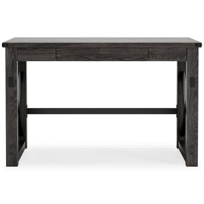 Dark Gray Rustic Wood Office Desk with Drawer and Iron X-Base