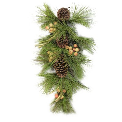Northlight 30" Unlit Green Pine Needles, Pinecones and Golden Antlers Christmas Teardrop Swag
