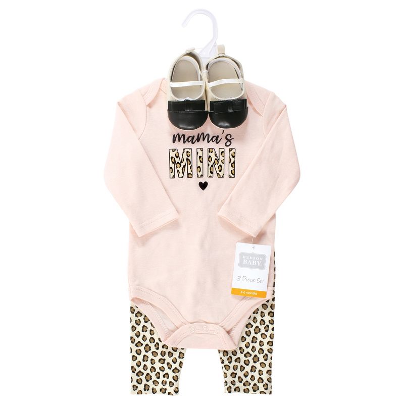 Hudson Baby Infant Girl Cotton Long-Sleeve Bodysuit, Pant and Shoe Set, Leopard Hearts, 2 of 6