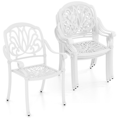 Tangkula Set of 4 Cast Aluminum Patio Dining Chairs Stackable Outdoor Dining Chairs with Armrests Outdoor Bistro Chairs White