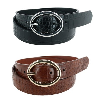 CTM Women's Croc Print Center Bar Buckle Belt 2 Pack
