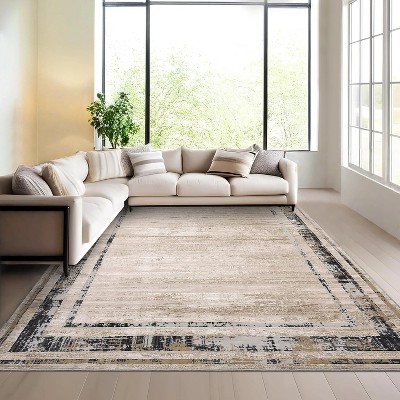 8x10 Washable Brown Area Rug, Modern Abstract Non-Slip Low Pile Stain-Resistant Carpet for Dining, Playroom, or Nursery