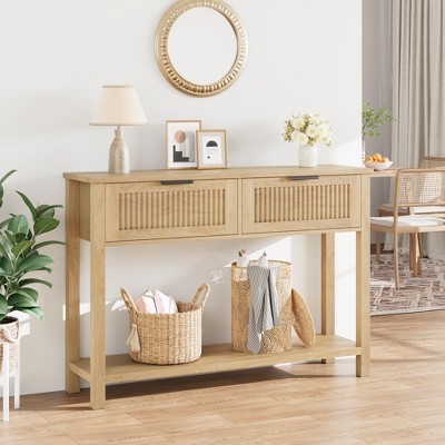 Farmhouse Entryway Table, 43-Inch Wood Console Table with 2 Drawers, 2-Tier Sofa Table with Storage for Living Room and Foyer Decor