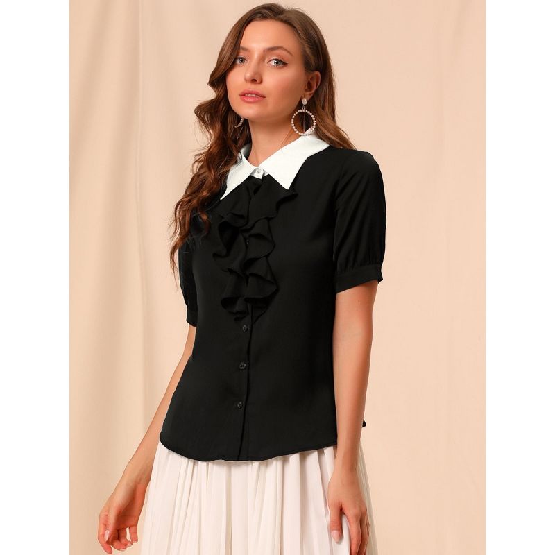 Allegra K Women's Contrast Collar Tie Ruffle Front Button Short Sleeve Work Shirt, 3 of 7