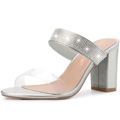Allegra K Women s Clear Strap Rhinestones Heel Chunky Heels Slide Sandals Silver 11 Target