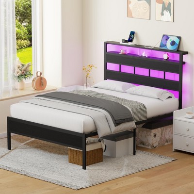 Furnulem  Bed Frame with Storage Headboard and LED Lighting Metal Frame with Charging Station and USB Port Heavy Duty Bed Board Black Oak