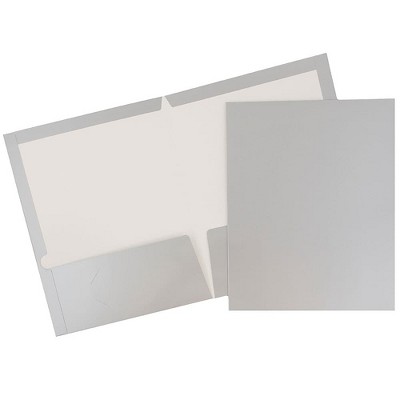 JAM Paper 2-Pocket Presentation Folders Silver Glossy 100/Box 385GSIB