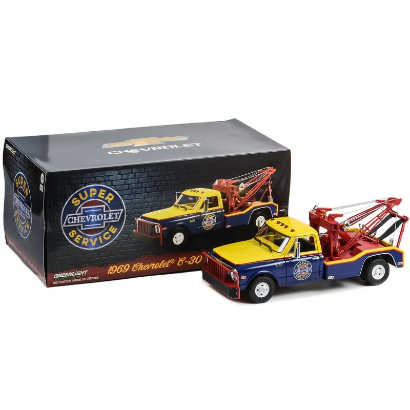 1969 Chevrolet C-30 Dually Wrecker Tow Truck "Chevrolet Super Service" Yellow and Blue 1/18 Diecast Car Model by Greenlight, 3 of 4