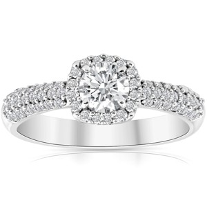 Pompeii3 1ct Cushion Halo Round Diamond Pave Engagement Ring 10k White Gold - 1 of 4