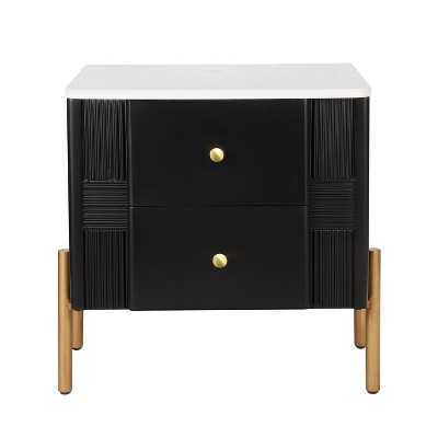 Vynxaria Modern Nightstand - 2 Storage Drawers, Fluted Design, Golden Metal Handles/Legs, Anti-Tip Bracket, Bedroom/Living Room End Table,Black
