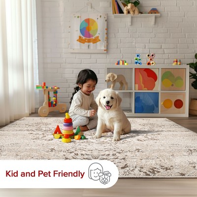 Beige Round Washable Floral Synthetic Area Rug