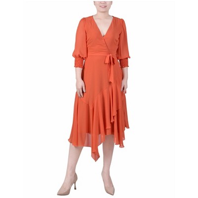 NY Collection Womens Chiffon Belted Handkerchief Hem Flounce Dress