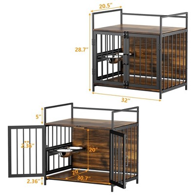 Small Brown Wooden and Steel Dog Crate Table with Bowls