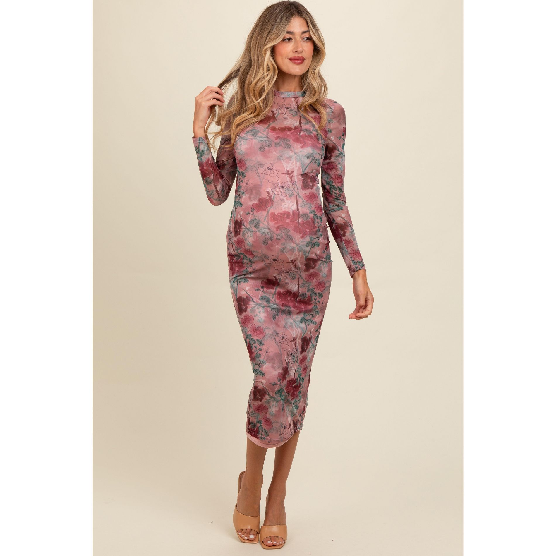 Pinkblush Mauve Floral Printed Mesh Overlay Maternity Maxi Dress Medium