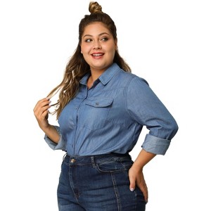 Agnes Orinda Women's Plus Size Business Casual Long Sleeve Denim Button-Down Shirts - 1 of 4