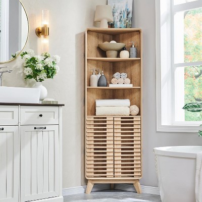 SinCiDo Medieval 68" H Corner Bathroom Cabinet, w/ 3 Adjustable Shelves,Slat Hinged Doors, Curved Edges,Suitable for Kitchens,Living Rooms,Natural Oak