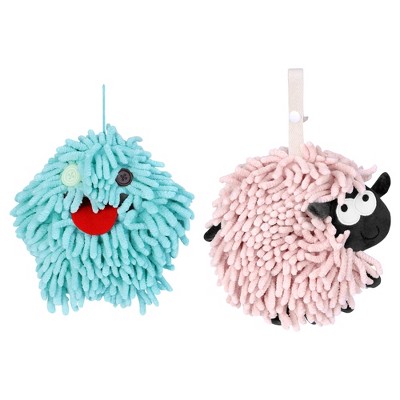 REGALWOVEN 2 Packs Cute Sheep Shape Absorbent Fast Drying Chenille Hand Towels with Hanging Loop 7" x 7"