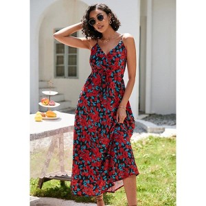 Coolmee Women's Boho Floral Dress Suspender V Neck Closed Waist Loose Maxi Dress White XL - 1 of 4