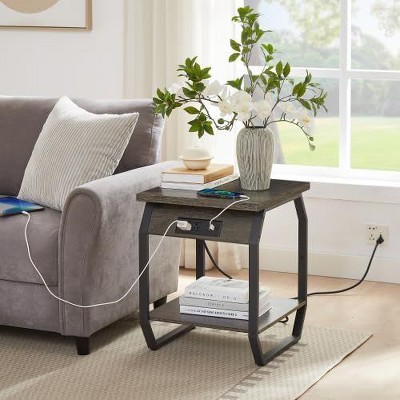 Acekool Set of 2 End Tables with Charging Station, Side Tables with USB Ports & Outlets, Small Storage Shelves for Living Room & Bedroom