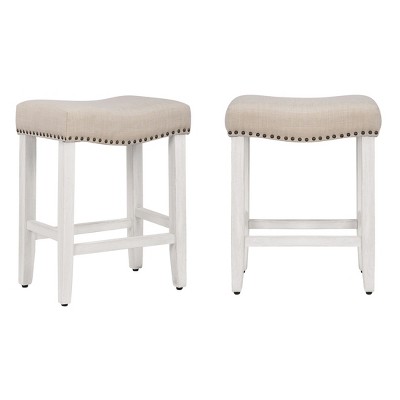 24" Beige Wood Upholstered Saddle Seat Counter Stool Set