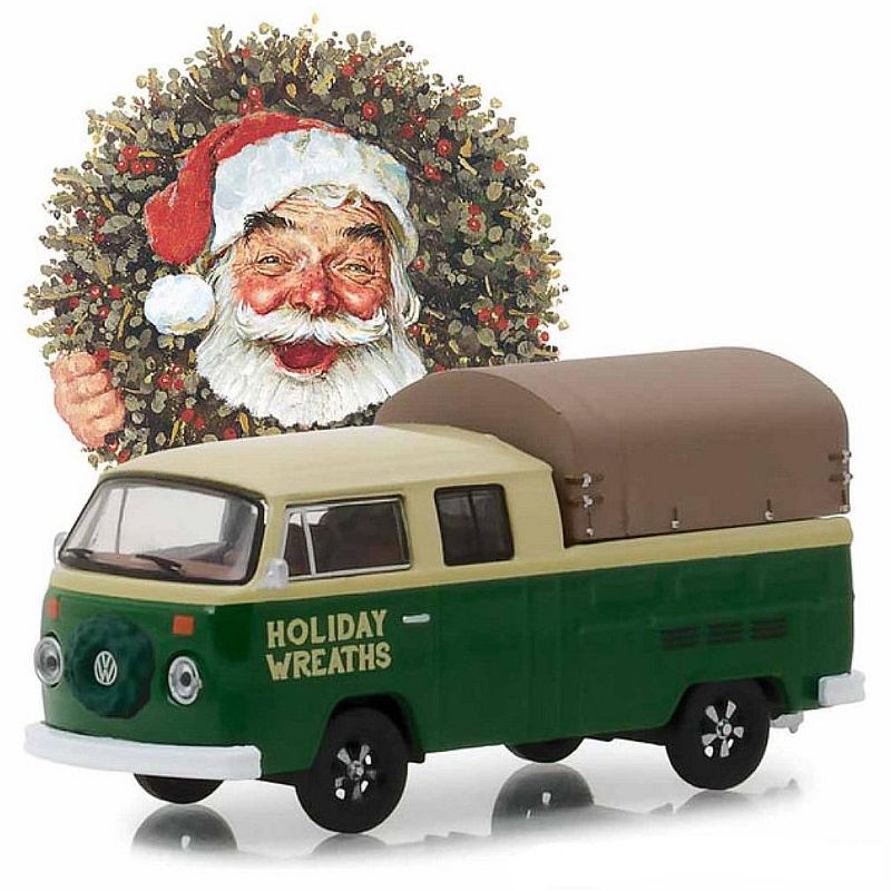 1978 Volkswagen Double Cab Pickup with Canopy "Holiday Wreaths" Green and Yellow 1/64 Diecast Model by Greenlight, 2 of 4