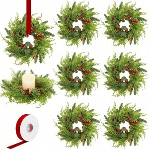 8 Inch Wreath Holder with Ribbon Candle Rings 8 Pieces Norfolk Pine Garland Artificial Red Berries Pinecones Xmas Table Centerpiece - 1 of 4