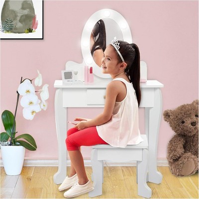 Princess Vanity Table Set for Toddlers, Includes Mirror, Stool, and Touch Light, Wood Makeup Playset for Girls