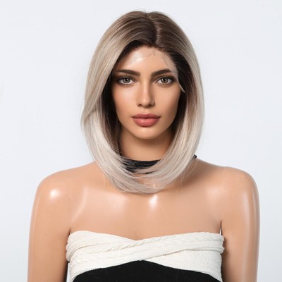 Jessie's Wig 14 Inch Straight Bob Wig Synthetic Hair 13x6 Lace Wigs Ombre Grey Color With Dark Roots 1 Pc/Pack