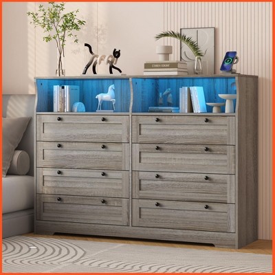 Homhougo Dresser for Bedroom Deep Drawers, 55 Inch Tall Bedroom Dressers, Large Modern 8 Drawers Dressers and Tv Stand Antique Light Color