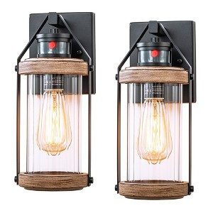 C Cattleya Black and Woodgrain Motion Sensing Dusk to Dawn Outdoor Wall Lantern Sconces(2-Pack) - 1 of 4