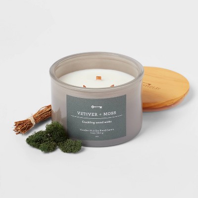 14oz Lidded Gray Glass Jar Crackling Wooden 3-Wick Candle with Paper Label Vetiver + Moss - Threshold&#8482;