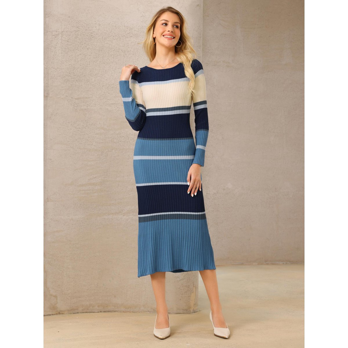 Женские платья INSPIRE CHIC Women's Striped Long Sleeve Casual Work Ribbed Knit Bodycon Sweater Dress Khaki Small 2 Packs Grey Blue/Fushcia Medium — фото 2