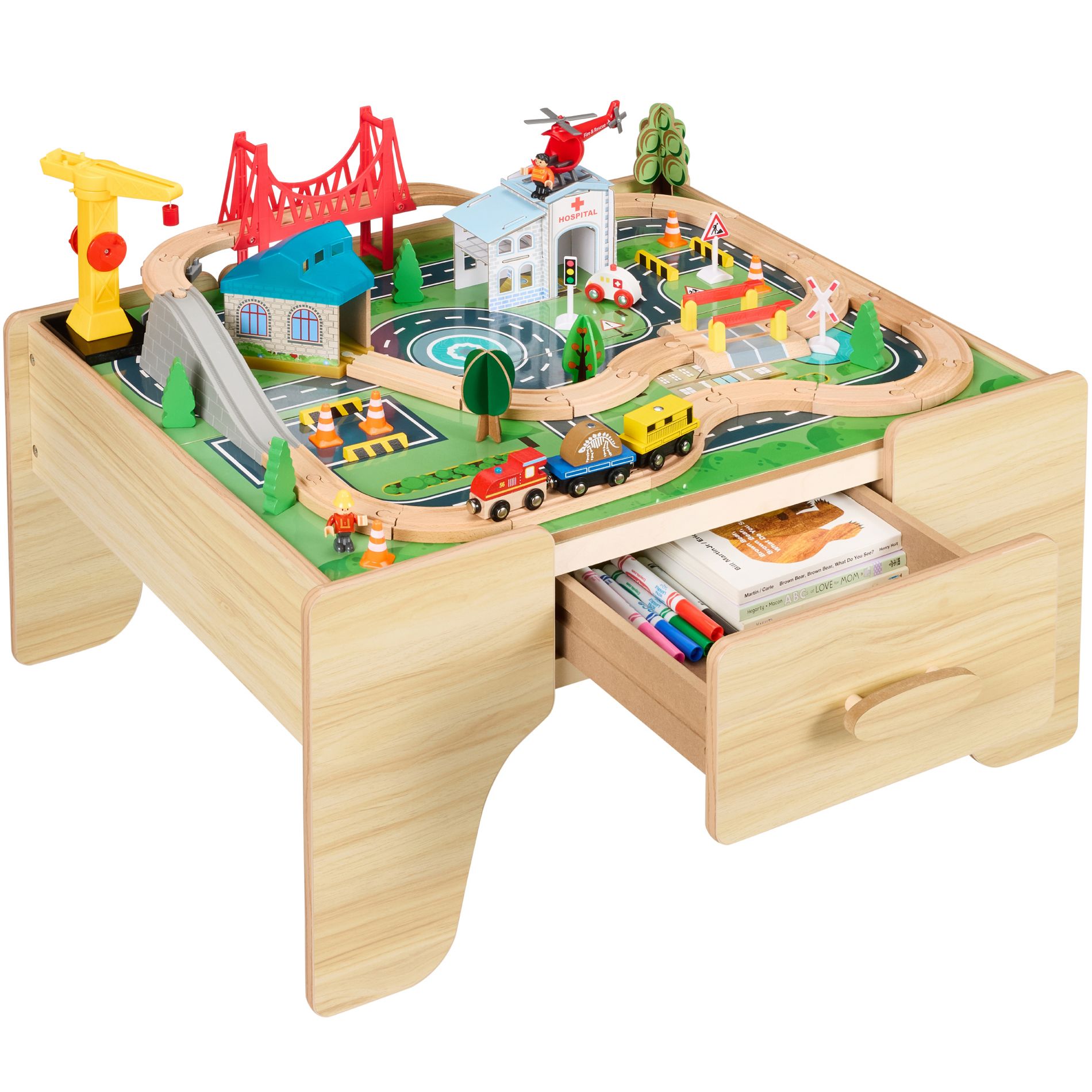 Wooden Train Set Table for Toddlers, 56pc Multi-Activity Table for Kids w/Toy Storage Drawer & Reversible Top