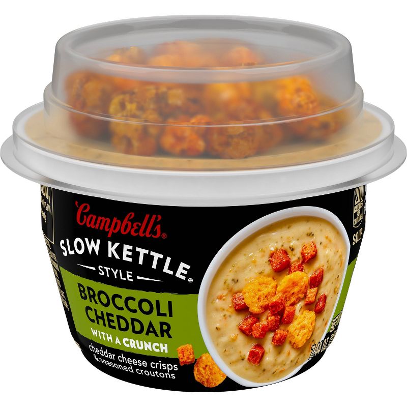 Campbell&#39;s Slow Kettle Style Broccoli Cheddar Soup with Croutons Microwavable Cup - 7.44oz, 1 of 14