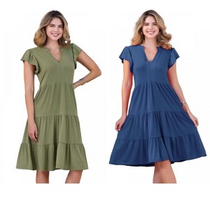 INSPIRE CHIC Women's Ruffle Short Sleeve V Neck Side Pockets Midi Dress 2 Packs - 1 of 4