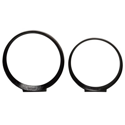 Sagebrook Home Set of 2 Metal Ring Sculptures - Modern Abstract Black Aluminum 12" and 14" Circular Sculpture Decor For Home or Office