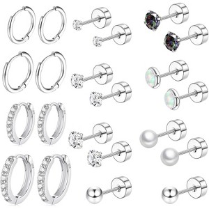 Hypoallergenic Flat Back Earrings Set - Surgical Steel, Sterling Silver & Titanium Cartilage Studs with CZ, Pearl & Opal for Sensitive Ears - 1 of 4