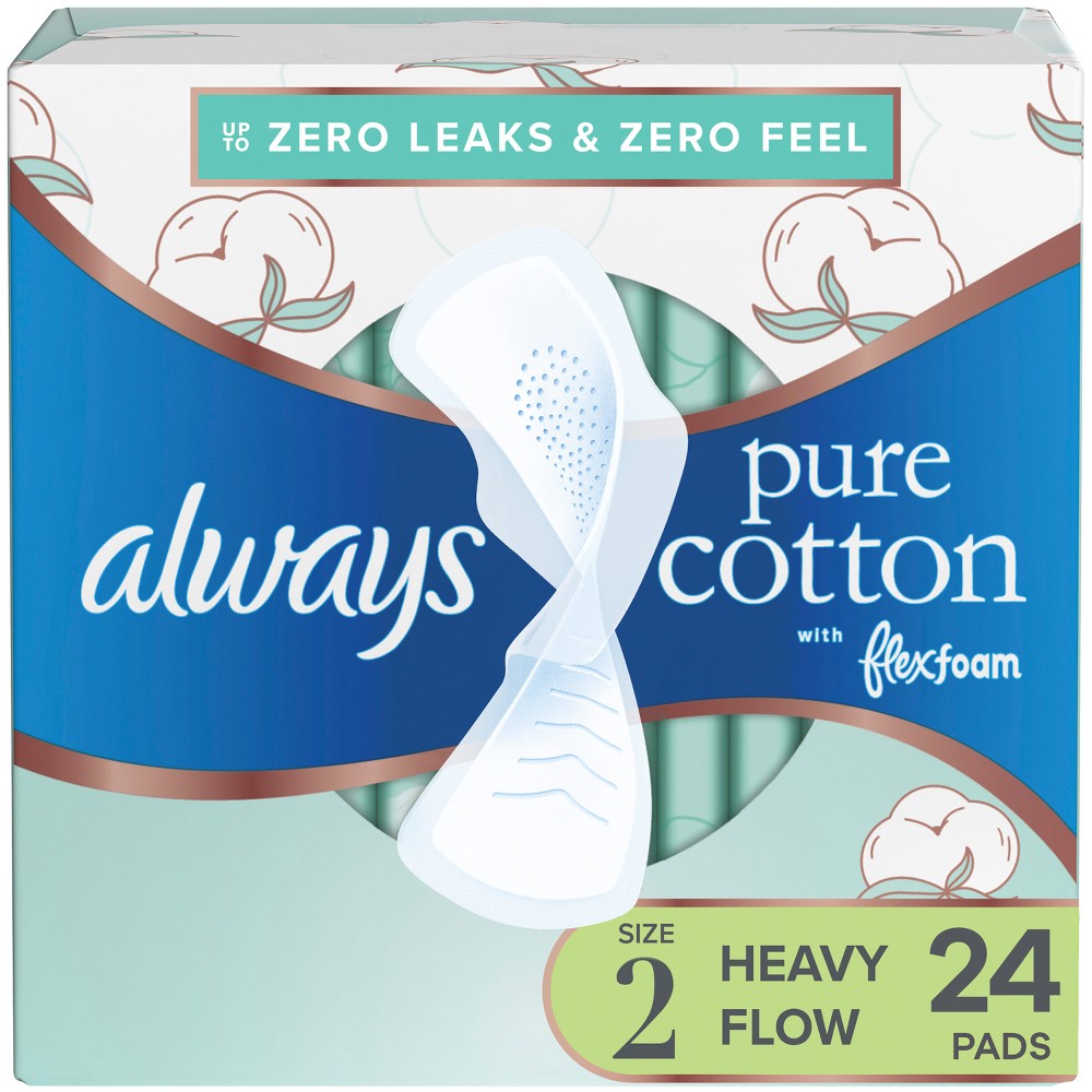 Always Pure Cotton Heavy Unscented Maxi Pads - Size 2 - 24ct