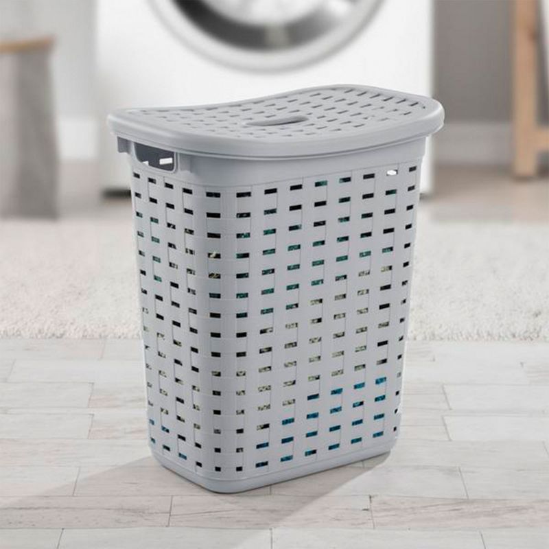 Sterilite Plastic Wicker Style Weave Laundry Hamper, Portable Slim Clothes Storage Basket Bin with Lid and Handles, Cement Gray, 8-Pack, 4 of 7