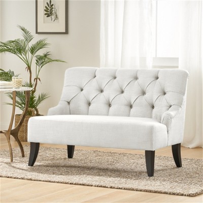 SKRAN Settee for Living Room or Apartment - Light Grey Upholstered with Flared Birch Wood Legs and Button-Tufted Backrest