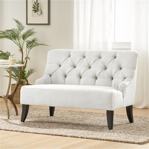 SKRAN Settee for Living Room or Apartment - Light Grey Upholstered with Flared Birch Wood Legs and Button-Tufted Backrest - 1 of 4