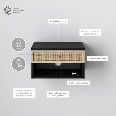 Black and Rattan Floating Nightstand with Storage Drawer and Cubby